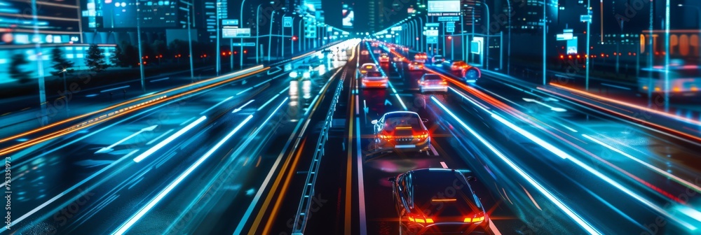 Busy urban highway with light trails - A high angle view of a bustling city highway at night, showcasing streaming car lights and urban architecture in a show of motion and urban life Busy urban highway with light trails - A high angle view of a bustling city highway at night, showcasing streaming car lights and urban architecture in a show of motion and urban life