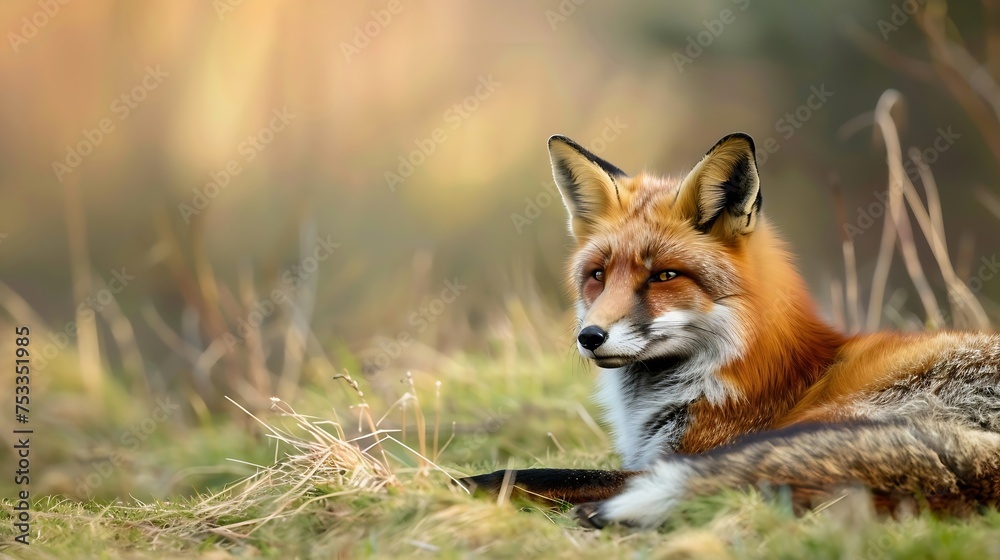 Fototapeta premium Generative AI : Male Red Fox Lying on the Grass in A National Park