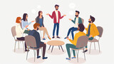 Experienced business coach meeting with a group of people. Young male business trainer or psychologist standing in a circle of men and women, talking about teamwork 