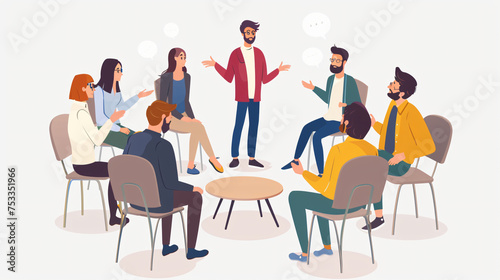 Experienced business coach meeting with a group of people. Young male business trainer or psychologist standing in a circle of men and women  talking about teamwork 