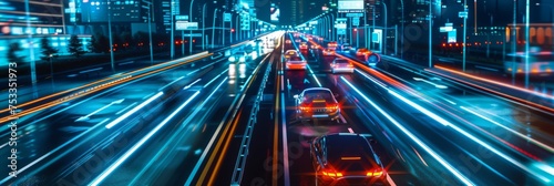 Busy urban highway with light trails - A high angle view of a bustling city highway at night, showcasing streaming car lights and urban architecture in a show of motion and urban life