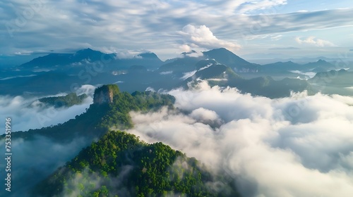 Generative AI : Panorama of flowing fog waves on mountain tropical rainforest