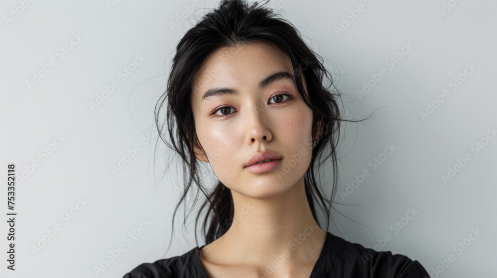 Beautiful studio portrait of young, stylish asian woman, long hair, looking at camera with confidence on white background Beautiful studio portrait of young, stylish asian woman, long hair, looking at camera with confidence on white background