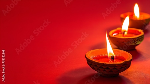 Generative AI : Happy Diwali - Clay Diya lamps lit during Diwali, Hindu festival of lights celebration. 