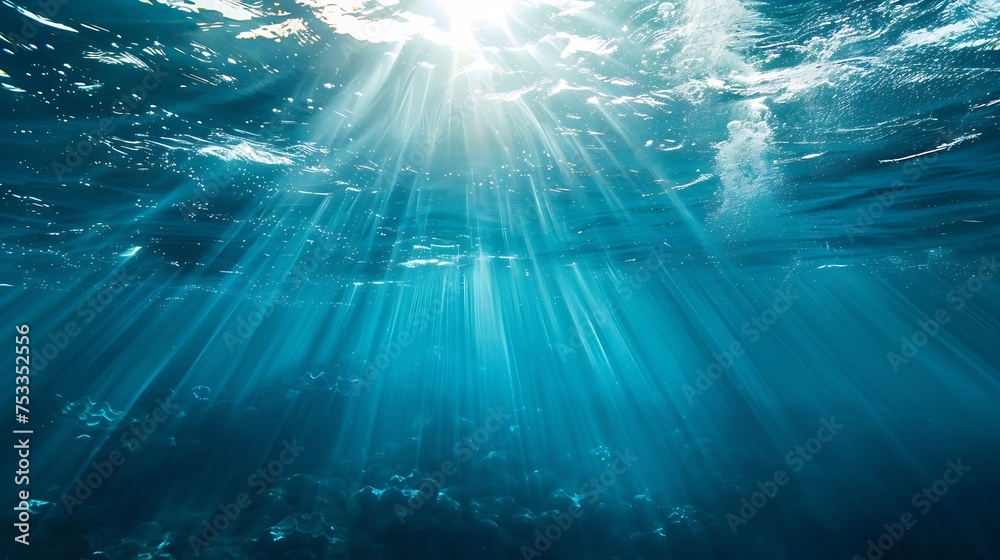 Generative AI : Underwater photo of sunlight breaking the ocean surface. From a scuba dive.