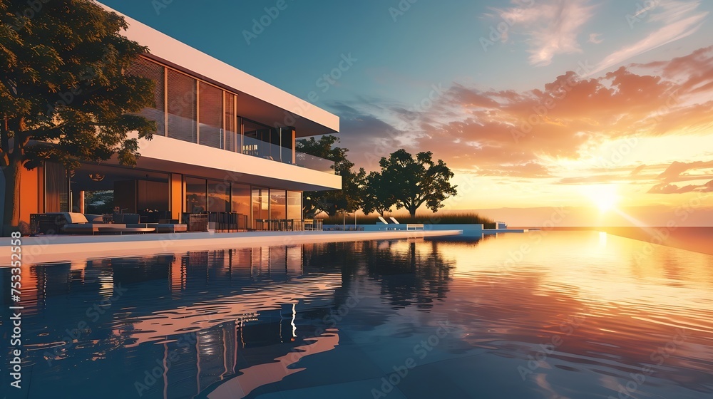 Fototapeta premium Generative AI : Ultra wide angle view of a modern villa and a luxurious infinity pool with a sunset reflection