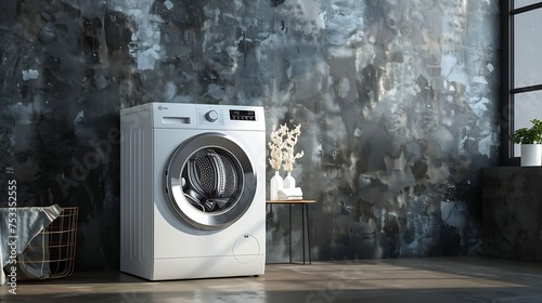 Generative AI : Laundry room interior with washing machine near gray grunge wall