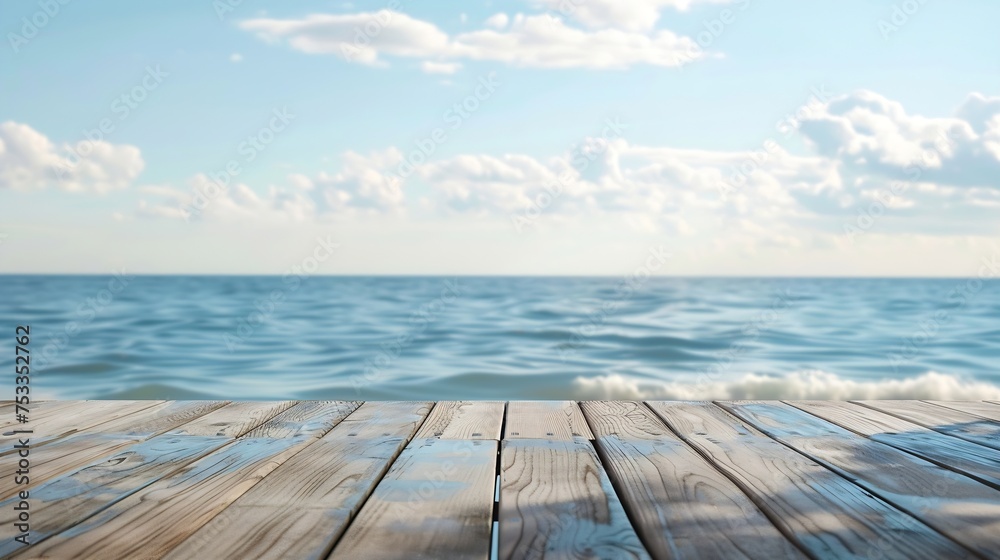 Generative AI : Wooden floors and ocean backdrop Suitable for a beach use. The beauty of nature