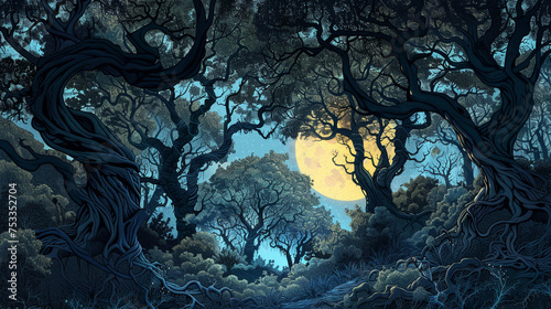 illustration of a moonlit forest