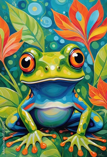  whimsical illustration of a frog with large expressive eyes, its skin adorned with intricate patterns, sitting in a lush, colorful foliage.