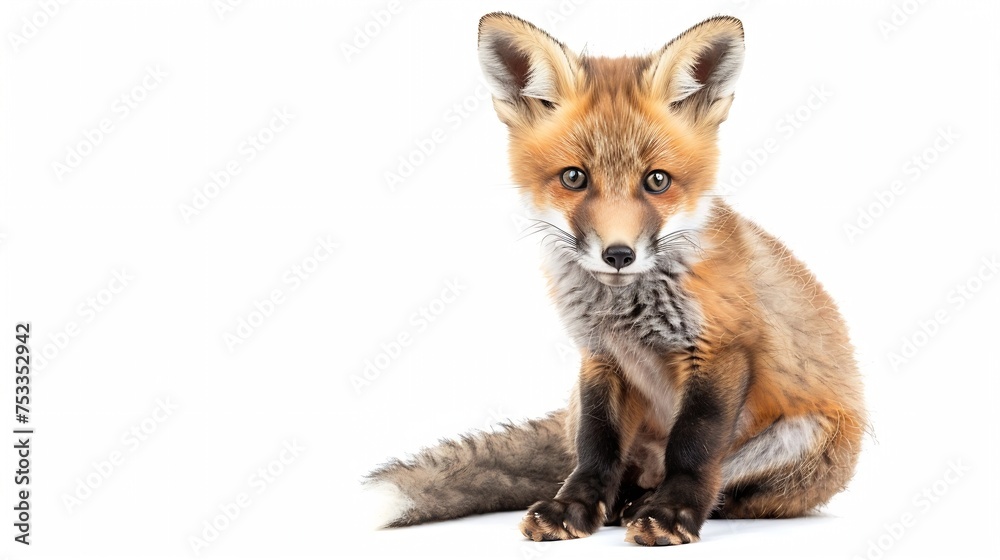 Generative AI : Sitting five weeks old Red fox cub looking at the camera, isolated on white Generative AI : Sitting five weeks old Red fox cub looking at the camera, isolated on white