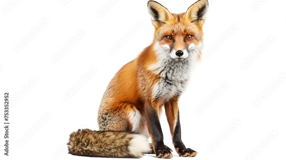 Fototapeta premium Generative AI : Front view of Red Fox, 1 year old, sitting in front of white background