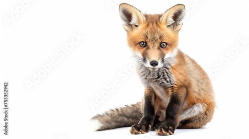 Generative AI : Sitting five weeks old Red fox cub looking at the camera, isolated on white © The Little Hut