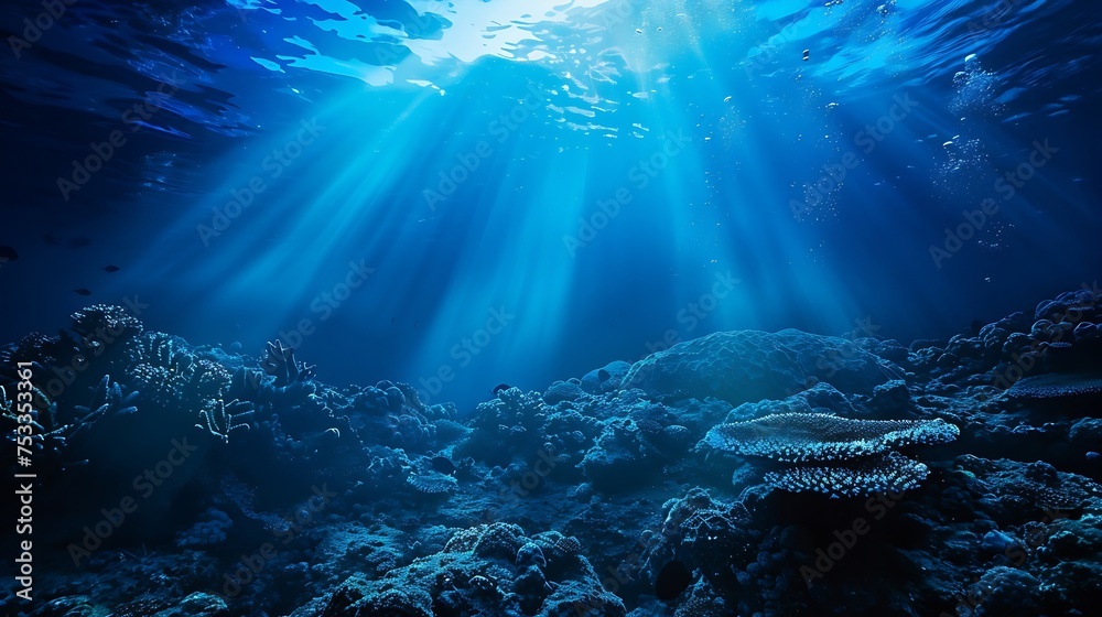 Generative AI : Artistic underwater photo of landscape in beautiful blue light. From a scuba dive - obrazy, fototapety, plakaty 