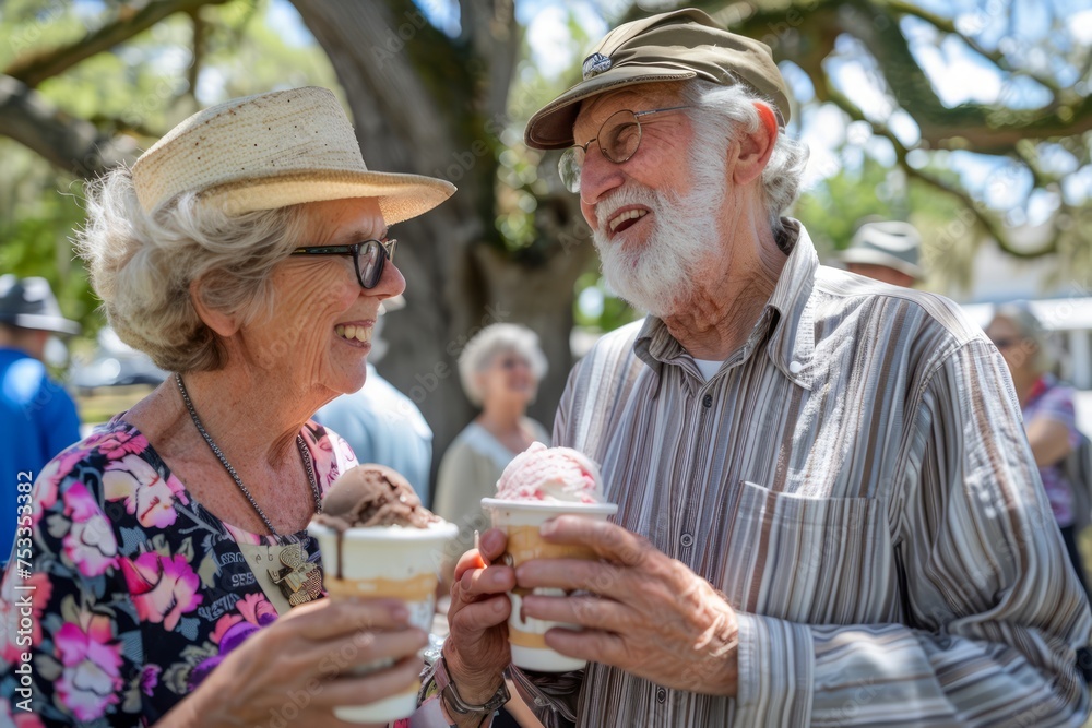 Smiling Senior Couple Enjoying Ice Cream Cones Together in a Sunny Park Setting Smiling Senior Couple Enjoying Ice Cream Cones Together in a Sunny Park Setting