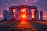 Majestic Sunrise at Ancient Stonehenge Monument with Vibrant Sky and Sunburst through Stones