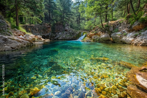 Tranquil Natural Pool with Waterfall Surrounded by Lush Forest and Sunlit Rocks © pisan