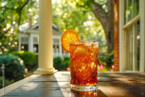 Refreshing Iced Tea with Lemon Slice on Outdoor Patio Table during Golden Hour
