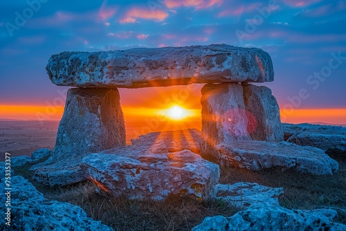 Majestic Sunrise Through Ancient Stone Dolmen with Vibrant Sky and Sun Starburst