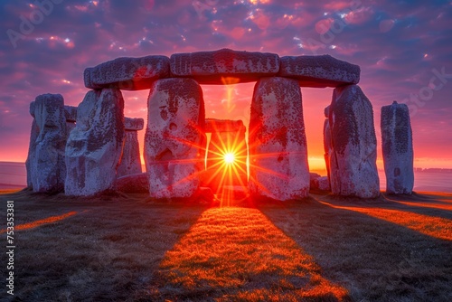 Majestic Sunrise at Ancient Stonehenge Monument with Vibrant Sky and Sunburst through Stones photo