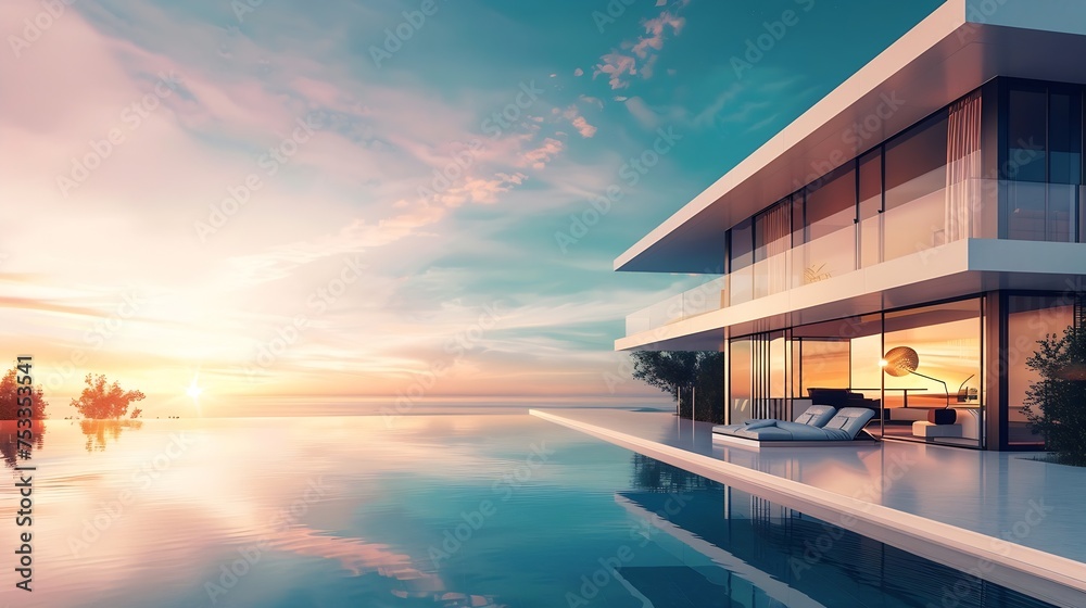 Generative AI : Ultra wide angle view of a modern villa and a luxurious infinity pool with a sunset reflection