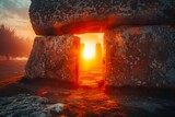 Majestic Sunset View Through Ancient Stone Dolmen on a Mystical Foggy Morning with Warm Light and Tranquil Scenery
