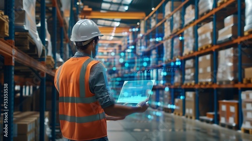 Generative AI : Warehouse worker using hologram visual smart information display for futuristic data business intelligent 