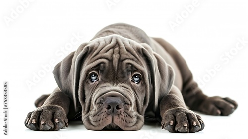 Generative AI : Neapolitan mastiff puppy lying in front view and looking at camera. isolated on white background