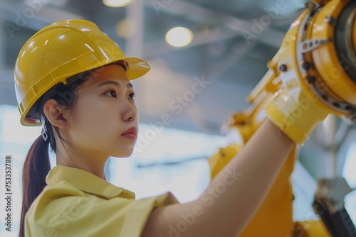 Generative AI : woman engineer check control heavy machine robot arm construction installation in industrial factory. 