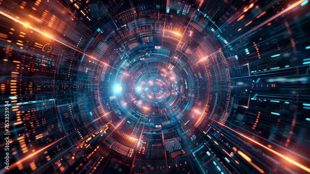 Fototapeta premium Futuristic cyber data tunnel vision - A vibrant image depicting a futuristic cyber data tunnel with neon lights and an intense depth of field suggesting speed and technology