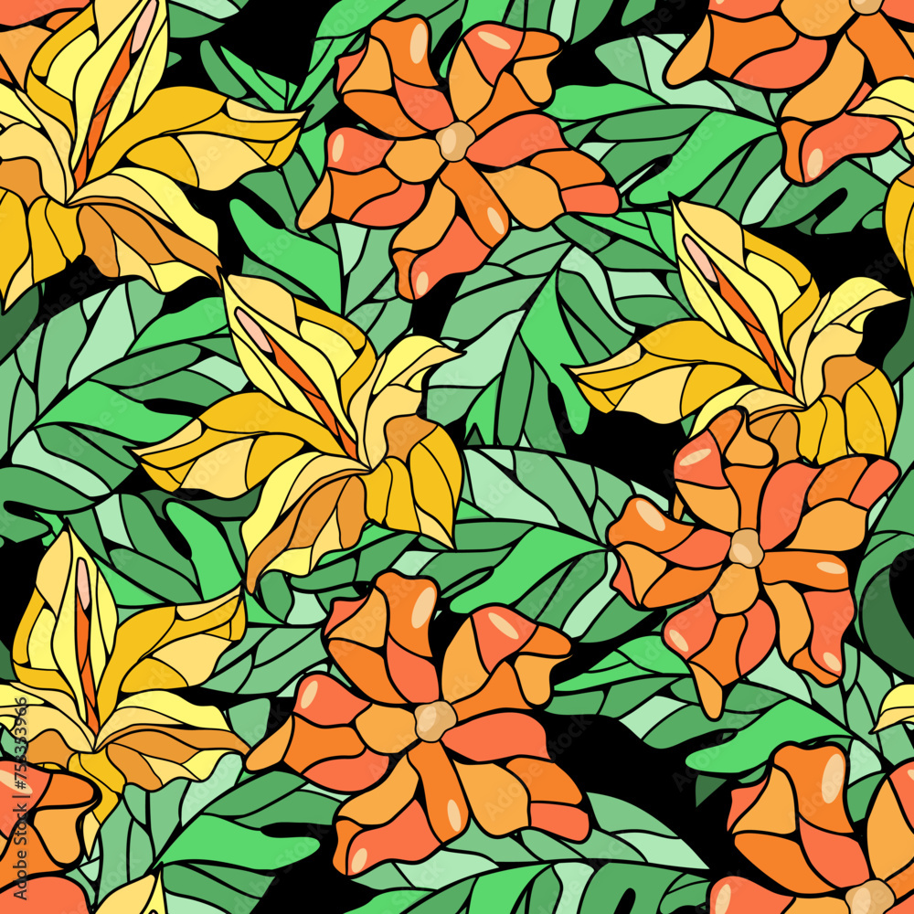 Seamless floral pattern with flowers and leaves in stained glass technique vector illustration 