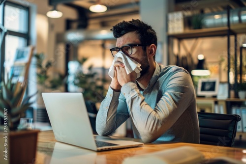 A man sneezes into a tissue at a workplace inside an office, a businessman is sick with a runny nose, works at a workplace with allergies, uses a laptop at work. Generative AI photo