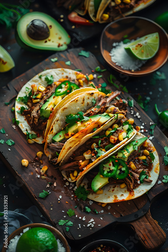A wooden cutting board topped with tacos, avocado, and other green garnishes. A delicious dish with fresh ingredients, perfect for any cuisine or recipe