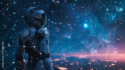 Futuristic robot gazing at starry cosmos - A lifelike robot in space suit looks out to a star-filled universe with digital connections, evoking advanced technology and exploration