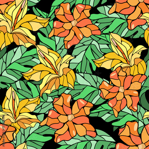Seamless floral pattern with flowers and leaves in stained glass technique vector illustration 