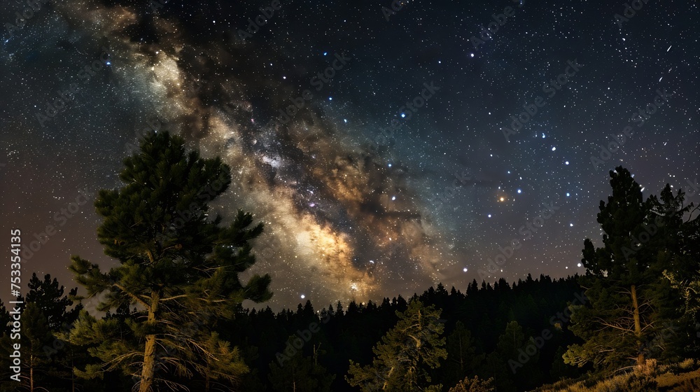 Generative AI : The Milky Way rises over the pine trees on a foreground