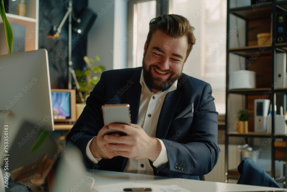 Businessman with phone in hands inside office at workplace, joyful successful man in business suit uses application on smartphone, boss browses internet pages and online financial markets,GenerativeAI