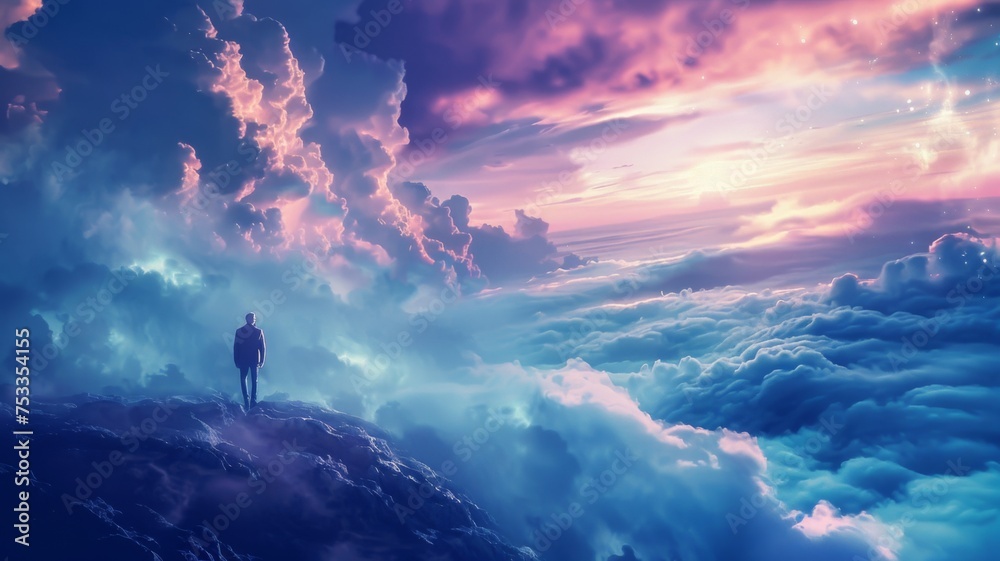 Man standing on a cliff amidst clouds - An individual stands on the edge of a cliff overlooking an expansive, cloudy sunrise or sunset - obrazy, fototapety, plakaty 