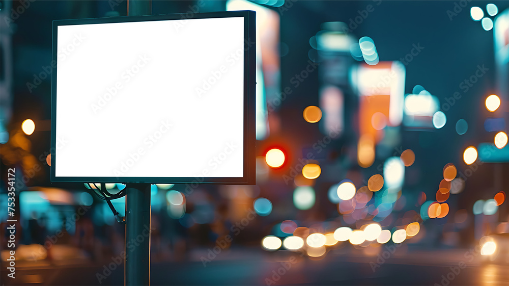 Blank white screen billboard on street cityscape blurred background. PNG screen display for mockup.