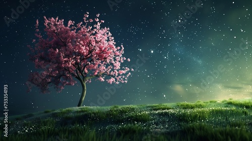 Generative AI : Blossoming pink tree on a green meadow with starry deep blue night sky