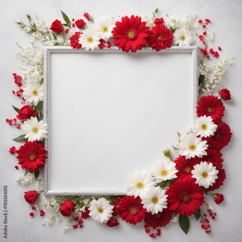 Obraz premium Flowers composition. Frame made of red and white flowers background. top view, copy space