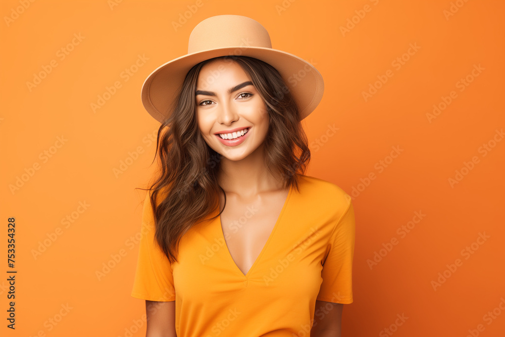 photo of smiling woman wearing a hat in front of orange background photo of smiling woman wearing a hat in front of orange background