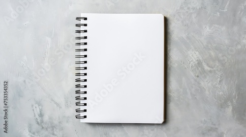 Generative AI : Design concept - Top view of pure white notebook, white page on grey background for mockup