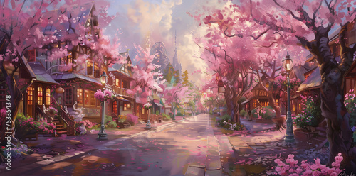 Fantasy Village at Cherry Blossom Season. An enchanting street scene bursting with pink blooms.