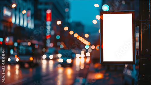 Blank white screen billboard on street cityscape blurred background. PNG screen display for mockup. photo