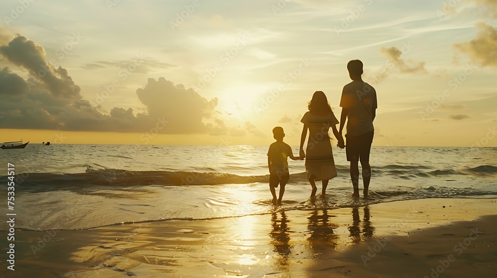Generative AI : Parent and children enjoy the sunset sea on beach. Summer vacations and Holiday travel conceps.