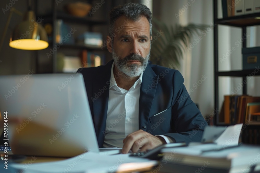 Serious and focused financier accountant on paper work inside office, mature man using calculator and laptop for calculating reports and summarizing accounts, businessman at work in suit,Generative AI