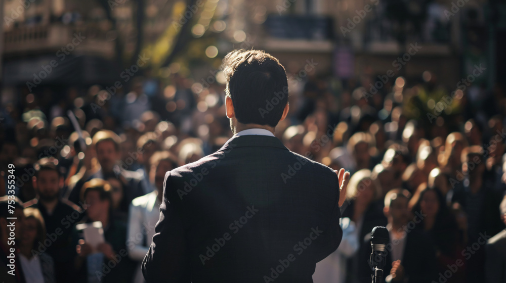 Man doing a speech outdoor in front of a crowd of members of a political party - obrazy, fototapety, plakaty 