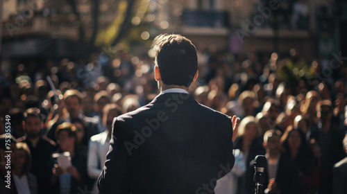 Man doing a speech outdoor in front of a crowd of members of a political party photo