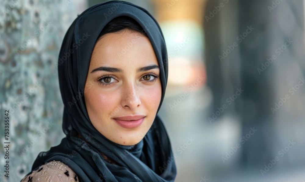 Close-up of a graceful woman in a hijab, featuring warm eyes and a soft smile, set against a blurred urban background Close-up of a graceful woman in a hijab, featuring warm eyes and a soft smile, set against a blurred urban background